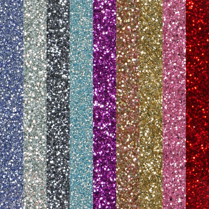 Close-up of Glitter Acrylic Sheet Bundle. Multi-pack of vibrant glitter acrylics for colorful crafting. Great for creators who want variety in sparkle, perfect for party decor and eye-catching laser designs. Compatible with laser cutters like Glowforge, xTool, and OMTech. Perfect for hobbyists, Etsy sellers, and small business owners creating personalized signs, wedding decor, name tags, ornaments, cake toppers, and custom gifts. Pre-cut to fit standard laser beds.