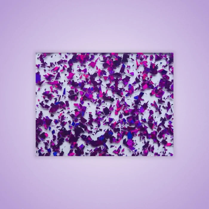 Purple Confetti Glitter Acrylic Sheet. Rich purple sheet with bright multicolor glitter for a bold finish. Ideal for event accents, personalized gifts, and fun party designs. Compatible with laser cutters like Glowforge, xTool, and OMTech. Ideal for precise cuts and detailed designs. Perfect for hobbyists, Etsy sellers, and small business owners creating personalized signs, wedding decor, name tags, ornaments, cake toppers, and custom gifts. Pre-cut to fit standard laser beds.