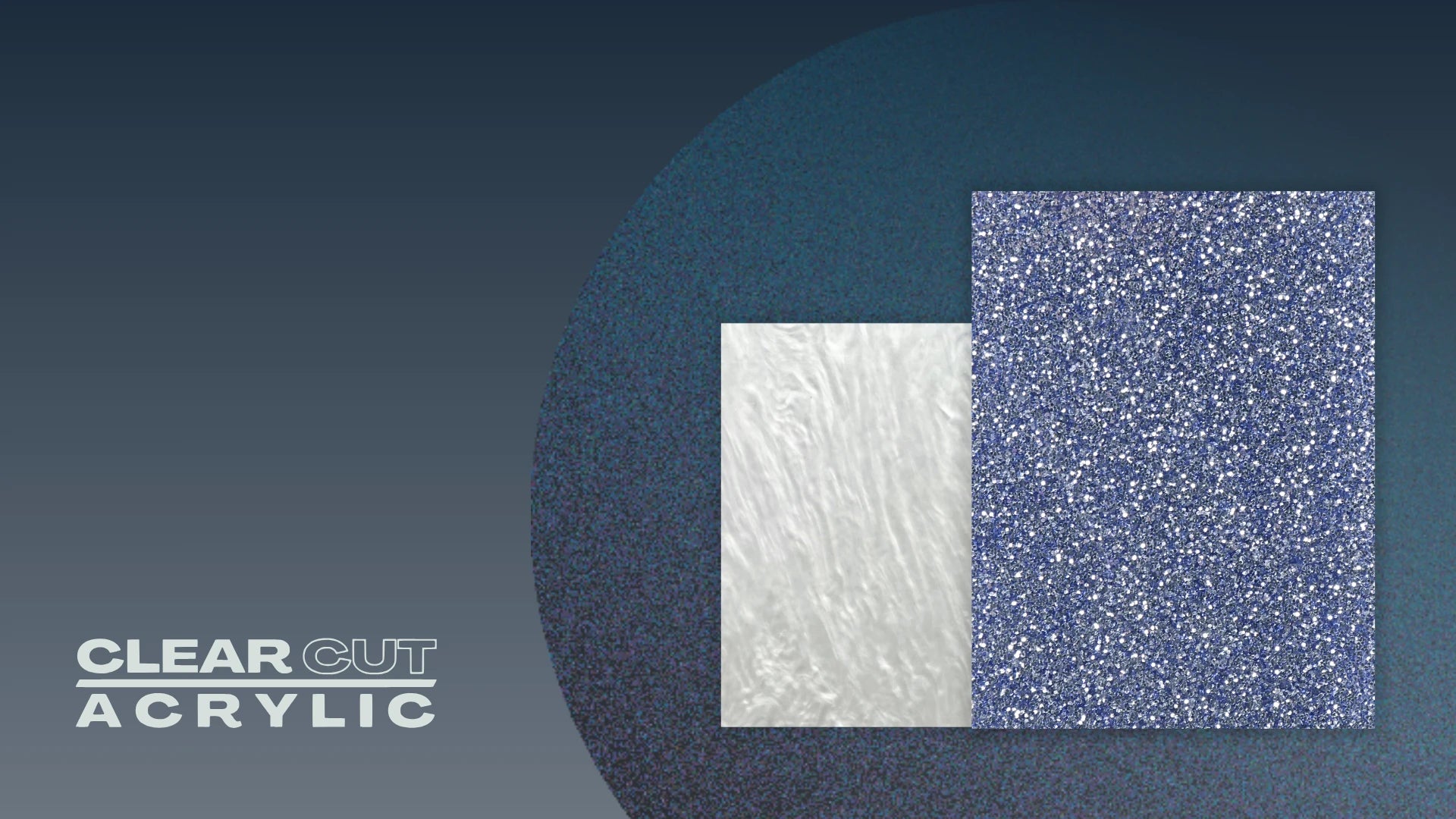 Homepage banner image for Clear Cut Acrylic featuring a modern, dark blue background with spotlighted glitter and pearl acrylic sheets in the center. This styled header visual highlights the unique textures and finishes available, perfect for crafters, DIYers, and laser-cutting professionals. Designed to represent product variety and premium sheet quality, this image helps convey brand identity and support search visibility for glitter and specialty acrylic products.