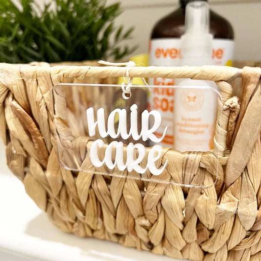 Clear acrylic tag with laser-cut “Hair Care” label in white acrylic, tied to a woven basket. This is an example of what could be made with Clear Cut Acrylic’s materials for personalized home organization and bathroom decor. Lightweight, durable, and highly visible, these tags are a favorite among crafters and small businesses. Ideal for Glowforge and xTool users creating custom acrylic labels for pantries, shelves, or product organization with a clean, professional look. 8