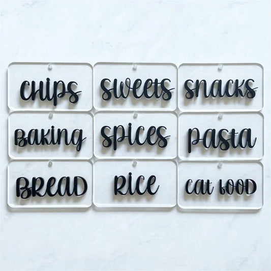 Set of clear acrylic tags with black acrylic laser-cut lettering, labeled with pantry staples like “Chips,” “Spices,” and “Cat Food.” This is an example of what could be made with Clear Cut Acrylic for customized kitchen and pantry organization. Combining clarity, durability, and bold readability, these tags are ideal for home organization businesses and crafters using laser cutters to produce clean, modern labels that stand out on baskets, bins, or containers. 3