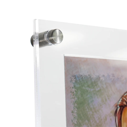 Close-up image showing the corner of a wall-mounted clear acrylic photo frame secured with a metal standoff. This is an example of how Clear Cut Acrylic’s high-quality clear sheets can be used for professional display frames and signage. The crystal-clear finish and clean edge polishing make this style ideal for gallery walls, office decor, and commercial installations created with laser cutting or CNC tools for precision and modern aesthetics. 12