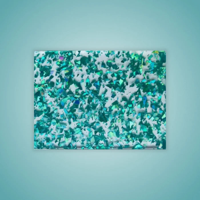 Aqua Confetti Glitter Acrylic Sheet. Bright turquoise base with scattered rainbow glitter. Great for beach-themed crafts, birthday toppers, and vibrant accessories. Compatible with laser cutters like Glowforge, xTool, and OMTech. Ideal for precise cuts and detailed designs. Perfect for hobbyists, Etsy sellers, and small business owners creating personalized signs, wedding decor, name tags, ornaments, cake toppers, and custom gifts. Pre-cut to fit standard laser beds.
