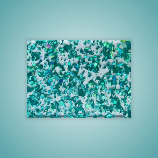 Aqua Confetti Glitter Acrylic Sheet. Bright turquoise base with scattered rainbow glitter. Great for beach-themed crafts, birthday toppers, and vibrant accessories. Compatible with laser cutters like Glowforge, xTool, and OMTech. Ideal for precise cuts and detailed designs. Perfect for hobbyists, Etsy sellers, and small business owners creating personalized signs, wedding decor, name tags, ornaments, cake toppers, and custom gifts. Pre-cut to fit standard laser beds.
