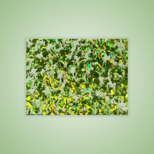Green Confetti Glitter Acrylic Sheet. Bright green base filled with multicolored glitter flakes. Perfect for playful projects, party decor, and colorful statement signage. Compatible with laser cutters like Glowforge, xTool, and OMTech. Ideal for precise cuts and detailed designs. Perfect for hobbyists, Etsy sellers, and small business owners creating personalized signs, wedding decor, name tags, ornaments, cake toppers, and custom gifts. Pre-cut to fit standard laser beds.
