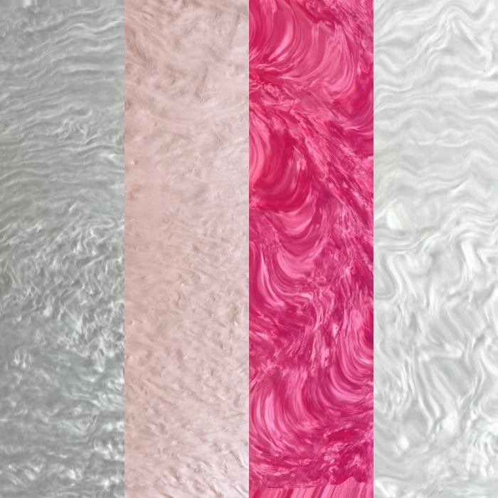Close-up of Pearl Acrylic Sheets Bundle. Set of shimmering pearl-finish acrylics in soft, stylish tones. Ideal for weddings, upscale branding, and elegant laser creations. Compatible with laser cutters like Glowforge, xTool, and OMTech. Ideal for precise cuts and detailed designs. Perfect for hobbyists, Etsy sellers, and small business owners creating personalized signs, wedding decor, name tags, ornaments, cake toppers, and custom gifts. Pre-cut to fit standard laser beds.
