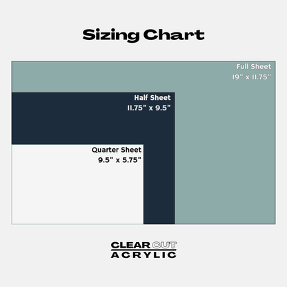 Sizing chart image from Clear Cut Acrylic showing full sheet (19"x11.75"), half sheet (11.75"x9.5"), & quarter sheet (9.5"x5.75") acrylic sizes. These laser-compatible sheet dimensions are ideal for Glowforge, xTool, OMTech, & other desktop cutters. Reference for Etsy sellers, DIY crafters, small businesses creating custom signs, wedding decor, ornaments, & personalized gifts. Helps to find the right acrylic sheet size for every project like custom signs & personalized laser-cut projects.